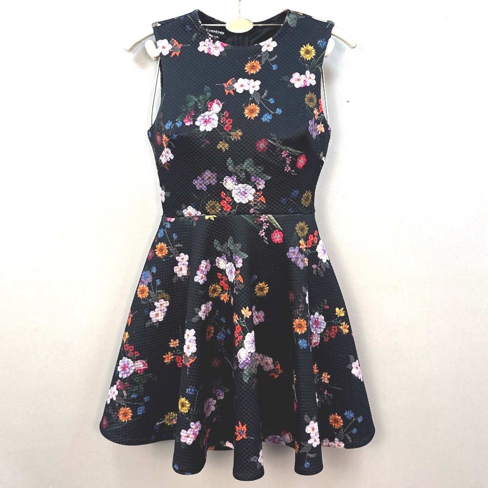 Bebe Black Floral Quilted Knit Fit & Flare Skater Mini Dress XXS